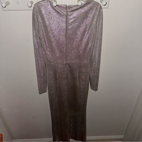 Eliza J Silver Metallic V-Neck Twist Front Plunging Long-Sleeve Wrap Gown - Picture 9 of 15